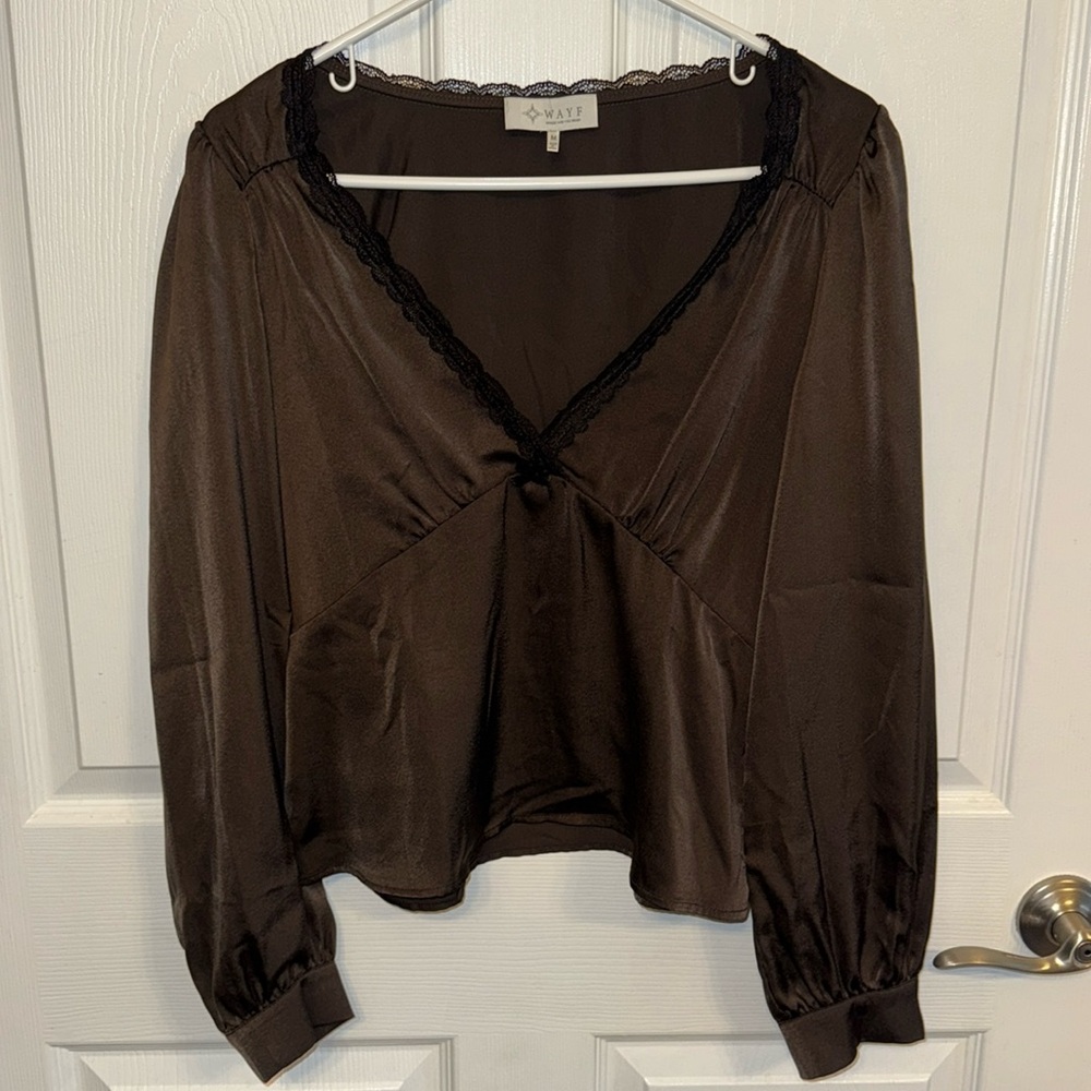Wayf Brown Blouse with Black Lace Trim